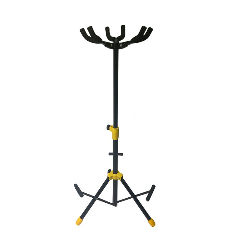 articolo supporto per chitarra a terra, treppiede pieghevole e regolabile per 3 chitarre o 3 bassi elettrici, modello giallo