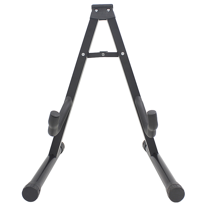 vista frontale di un supporto per chitarra pieghevole a treppiede