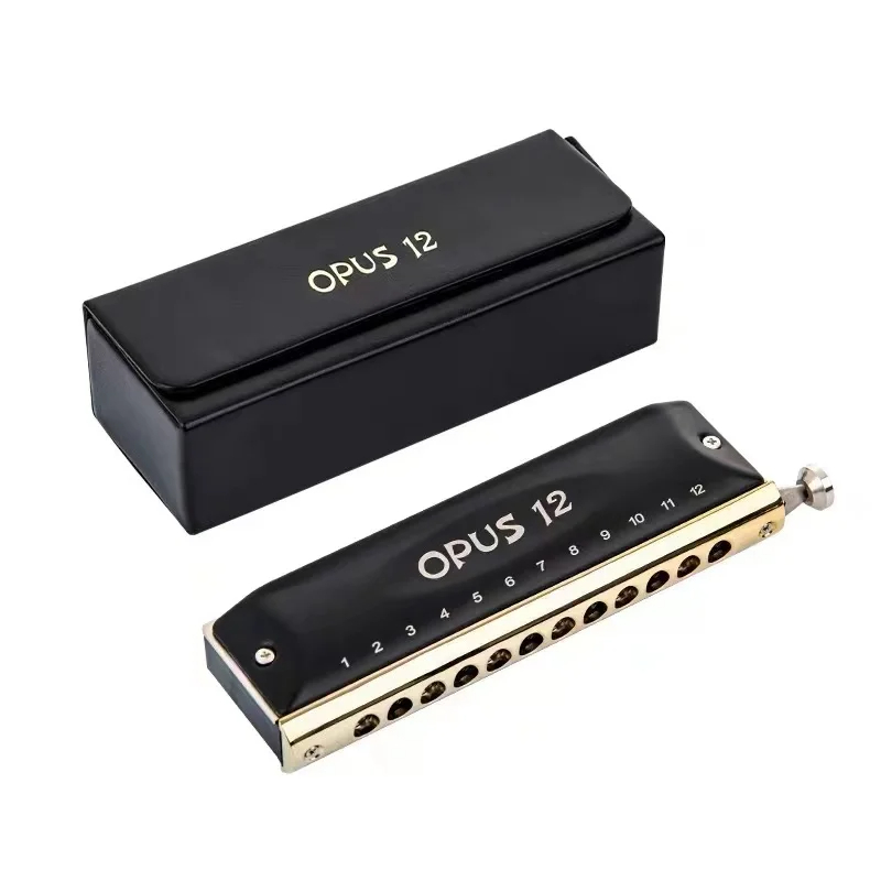 boîte et détails Harmonica chromatique en acier 12 trous