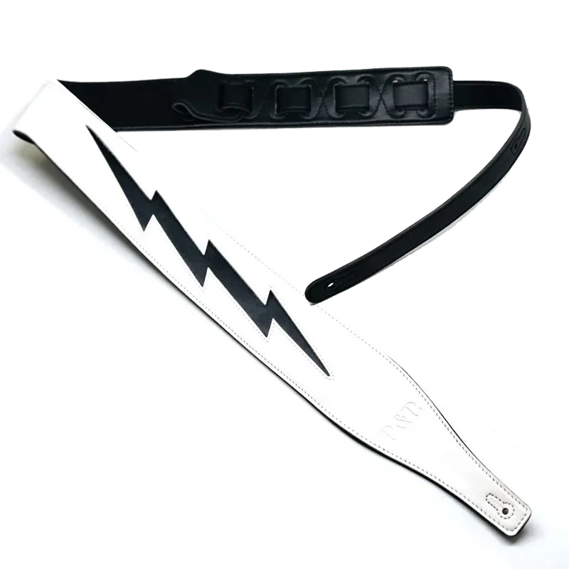Cinghia per chitarra in pelle con modello iconico di fulmine nero su bianco