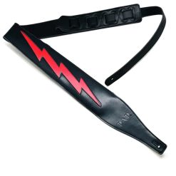 Cinghia per chitarra in pelle con modello iconico di fulmine rosso su nero