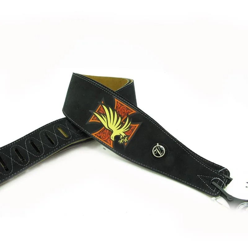 Cinghia per chitarra in pelle e camoscio con motivo croce di ferro e aquila - colore nero