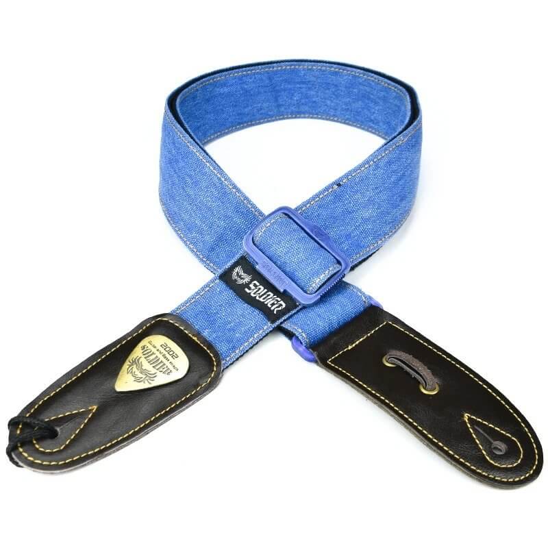 Correa de guitarra de Jeans Denim con extremos de cuero - color azul claro