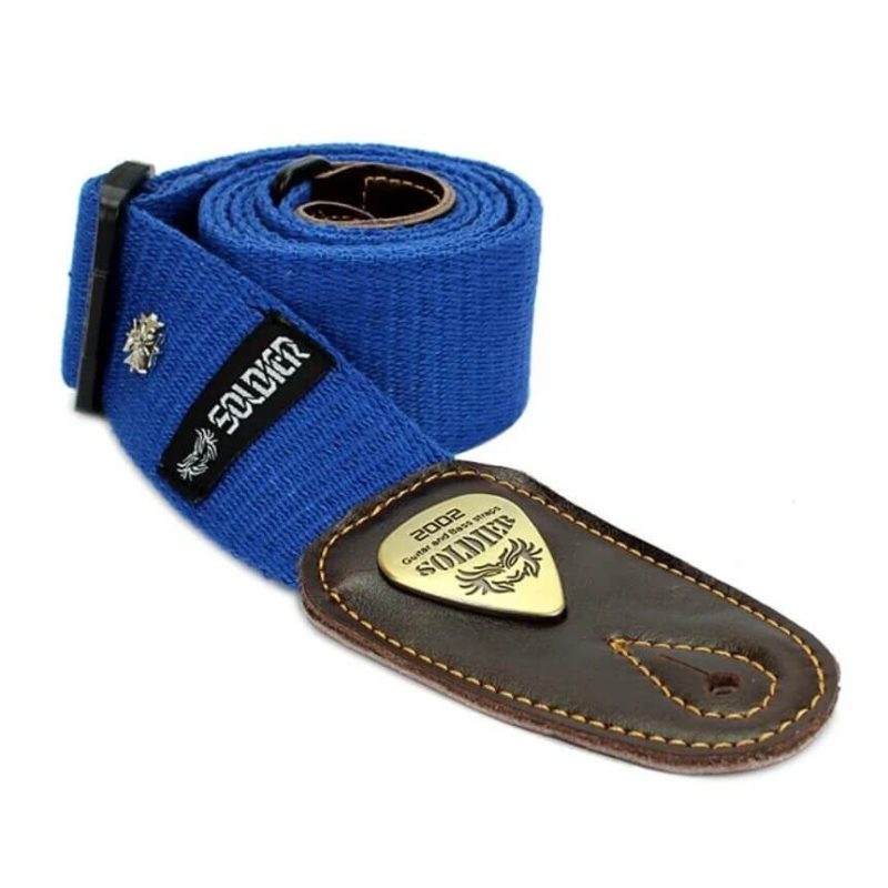 Tracolla per chitarra in cotone con estremità in pelle e piccolo motivo a croce - colore blu