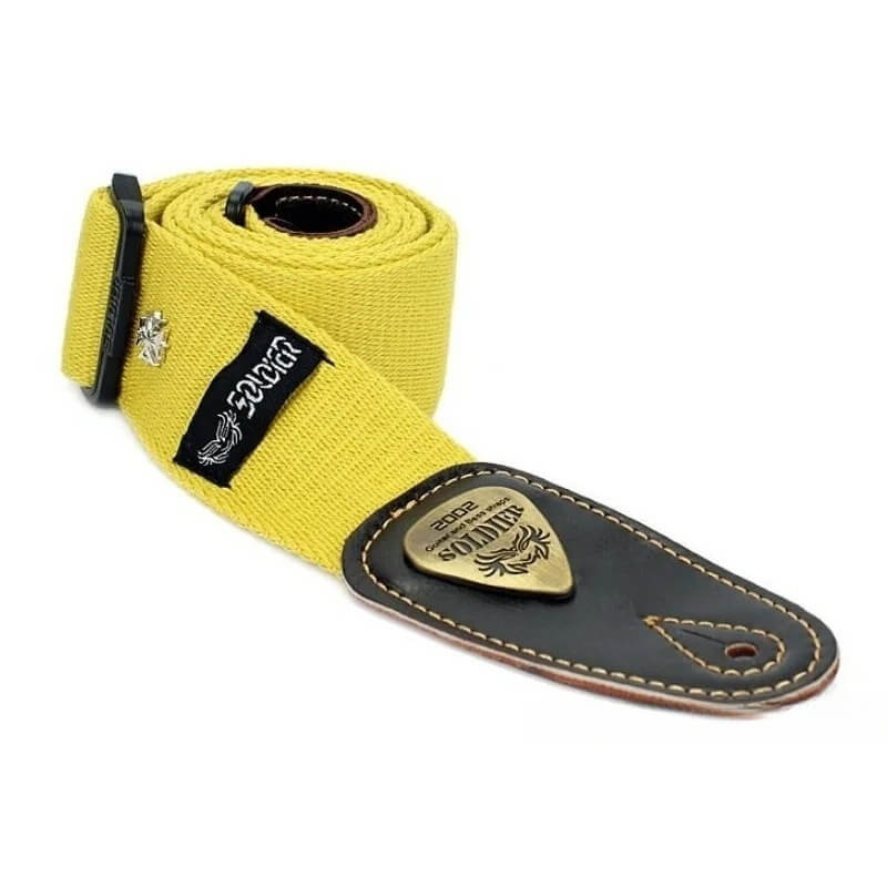 Cinghia per chitarra in cotone con estremità in pelle e piccolo motivo a croce - colore giallo