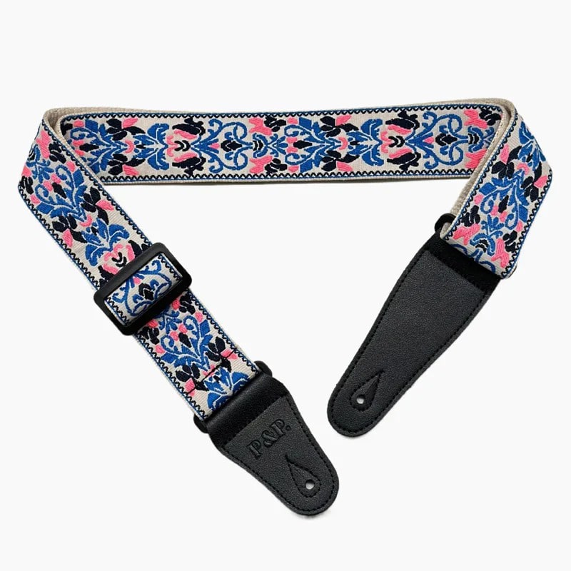 Sangle de guitare imprimé floral bleu et rose