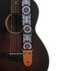 Sangle guitare classique réglable en coton brodé motif Papillon - couleur bleu
