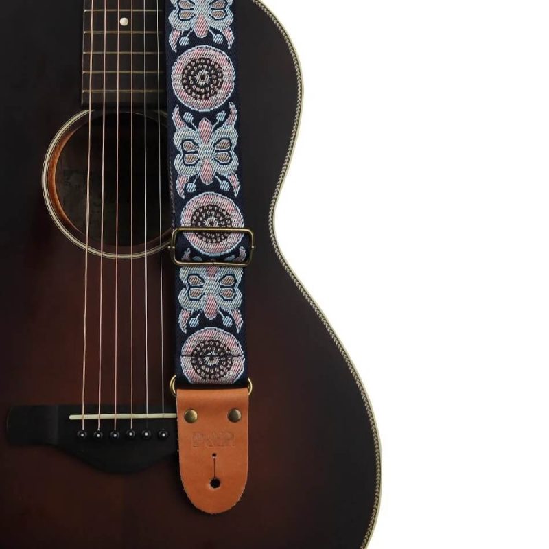 Sangle guitare classique réglable en coton brodé motif Papillon - couleur bleu