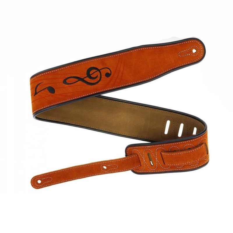 Vue complète Sangle de Guitare en Daim beige motif Notes de Musiques