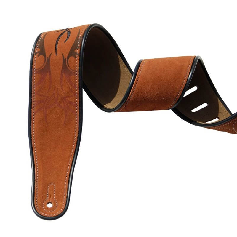 détails coutures Sangle de Guitare en Daim marron clair avec motif Tribal