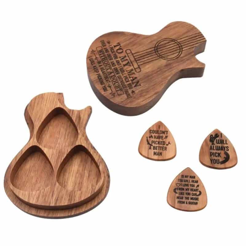 Coffret Regalo Plettri e Scatola per Plettri in Legno Scolpito