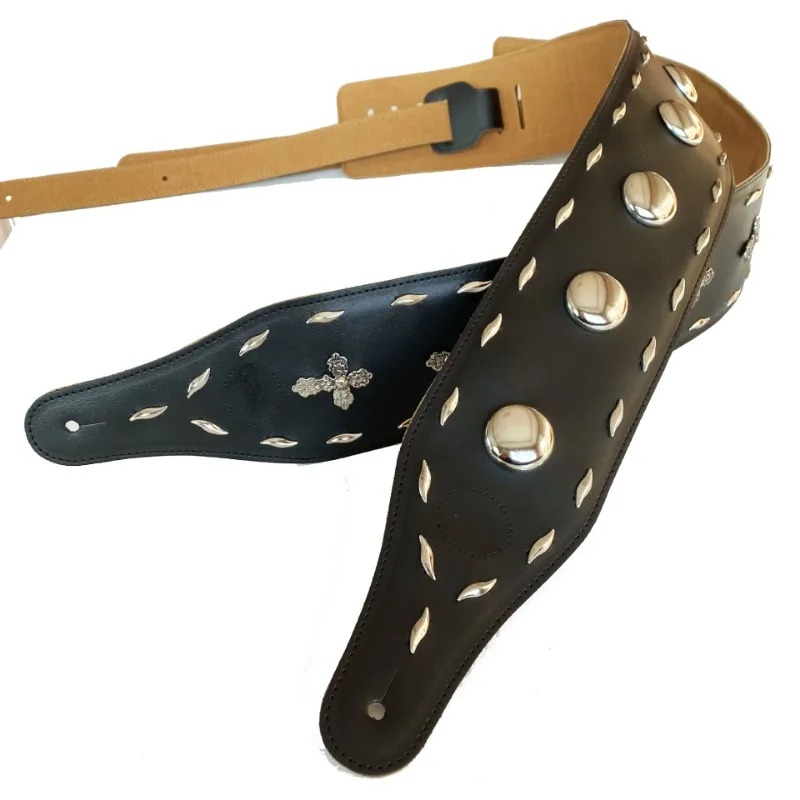 Sangle de Guitare en Cuir avec Conchos et Croix pour Rock et Metal - modèle 2