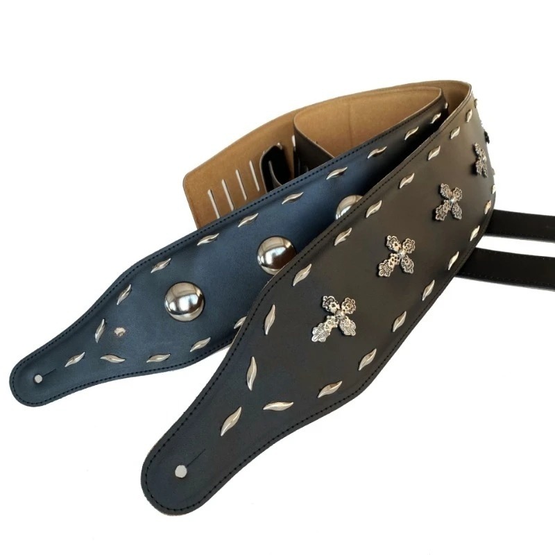 Sangle de Guitare en Cuir avec Conchos et Croix pour Rock et Metal - modèle 2