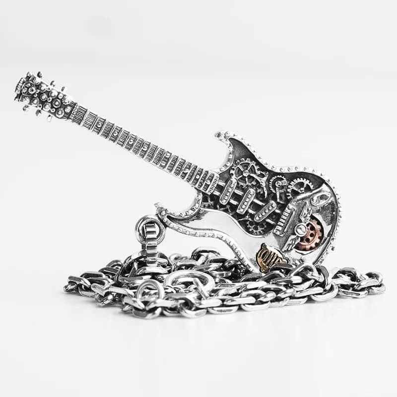 Vue complète Pendentif Guitare Rock en Argent 925 Véritable