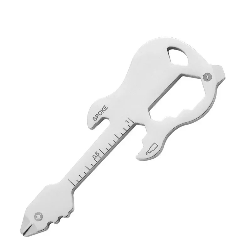 Portachiavi multifunzionale a forma di chitarra (apribottiglie, cacciavite, righello, ecc...) di colore grigio