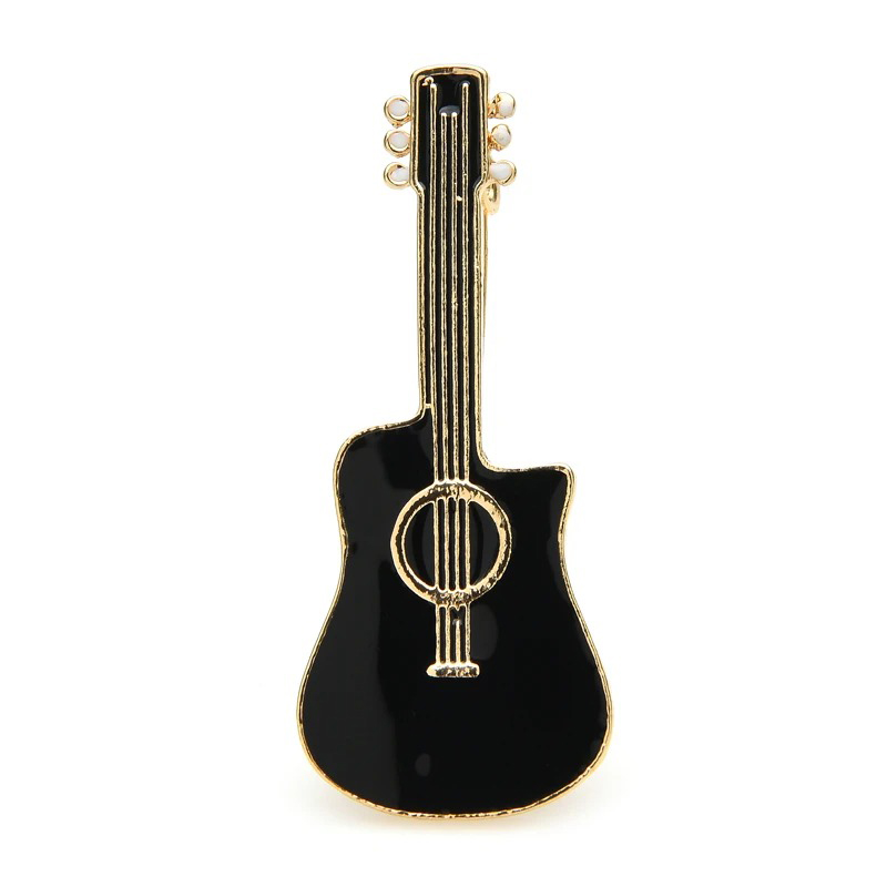 Magnifica Spilla Smaltata a Forma di Chitarra Classica Nera