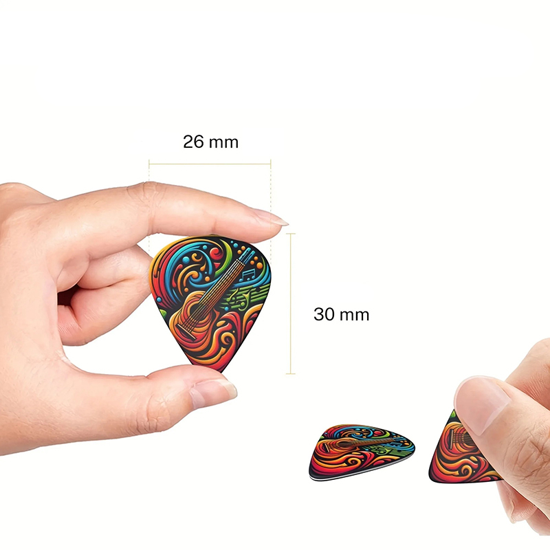 Dimensioni Set di 6 Plettri per Chitarra Colorati Psichedelici - 3 taglie - porta plettri incluso