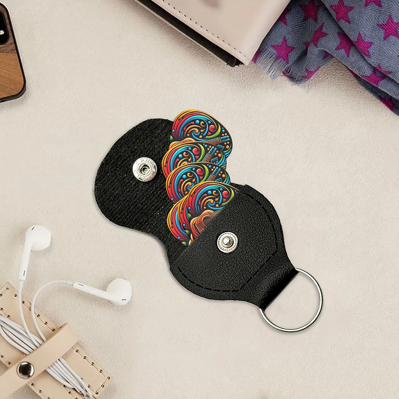 Vista completa del Set di 6 Plettri per Chitarra Colorati Psichedelici - 3 dimensioni - porta plettri incluso