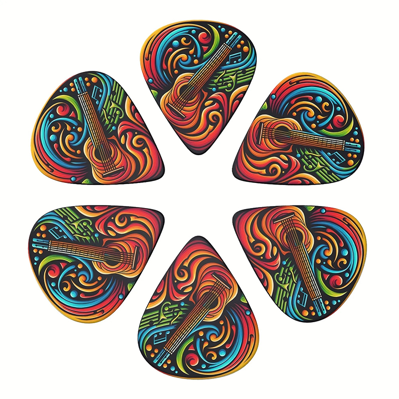 Vista completa del Set di 6 Plettri per Chitarra Colorati Psichedelici - 3 dimensioni - porta plettri incluso