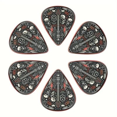 Set di 6 Plettri Testa di Teschio Hard Rock - 3 dimensioni con Porta Plettri incluso