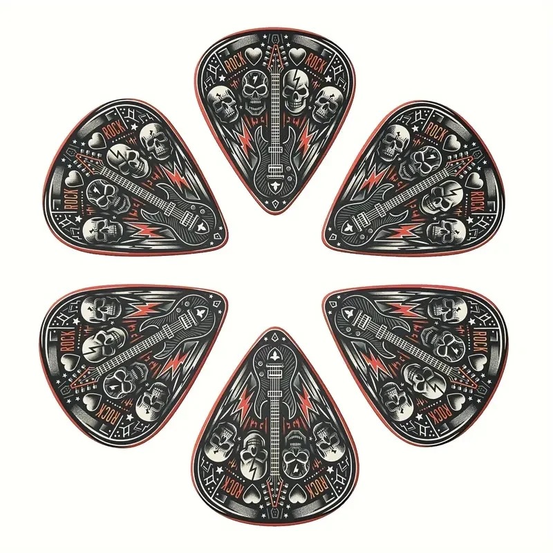 Set di 6 Plettri Testa di Teschio Hard Rock - 3 dimensioni con Porta Plettri incluso