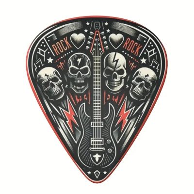 Dettagli completi del Set di 6 Plettri Testa di Morto Hard Rock di 3 dimensioni con Porta Plettri incluso