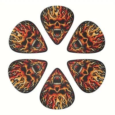Dettagli del Set di 6 Plettri Testa di Teschio Heavy Metal - 3 Misure con Porta Plettri incluso