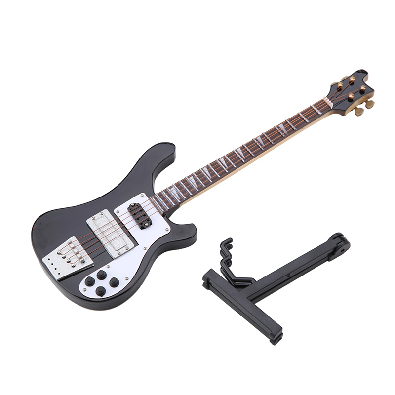 Miniatura di chitarra basso elettrica con supporto per chitarra di colore nero