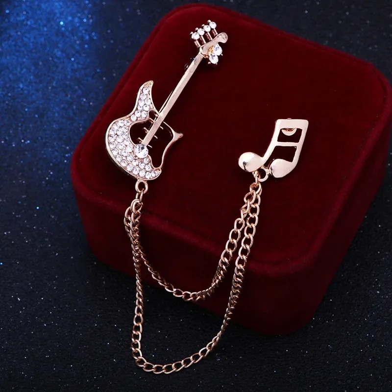 Broche Esmaltada de Guitarra Eléctrica con Cadena de Nota Musical de color Oro