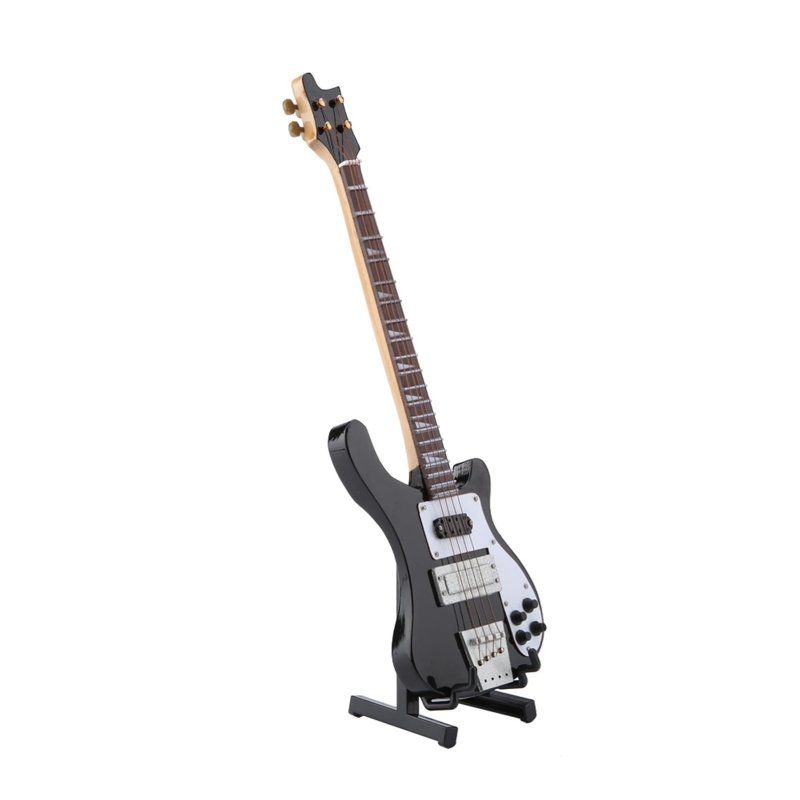 Vista laterale della Mini Chitarra Bass Elettrica con supporto per chitarra di colore nero