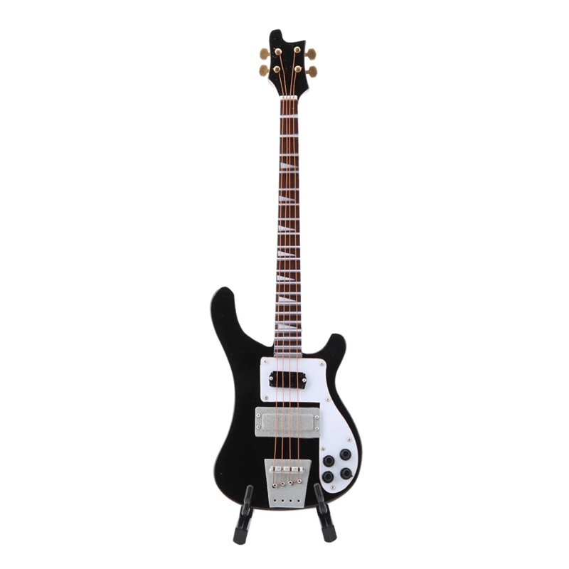 Vista frontale di una miniatura di chitarra basso elettrica con supporto per chitarra di colore nero