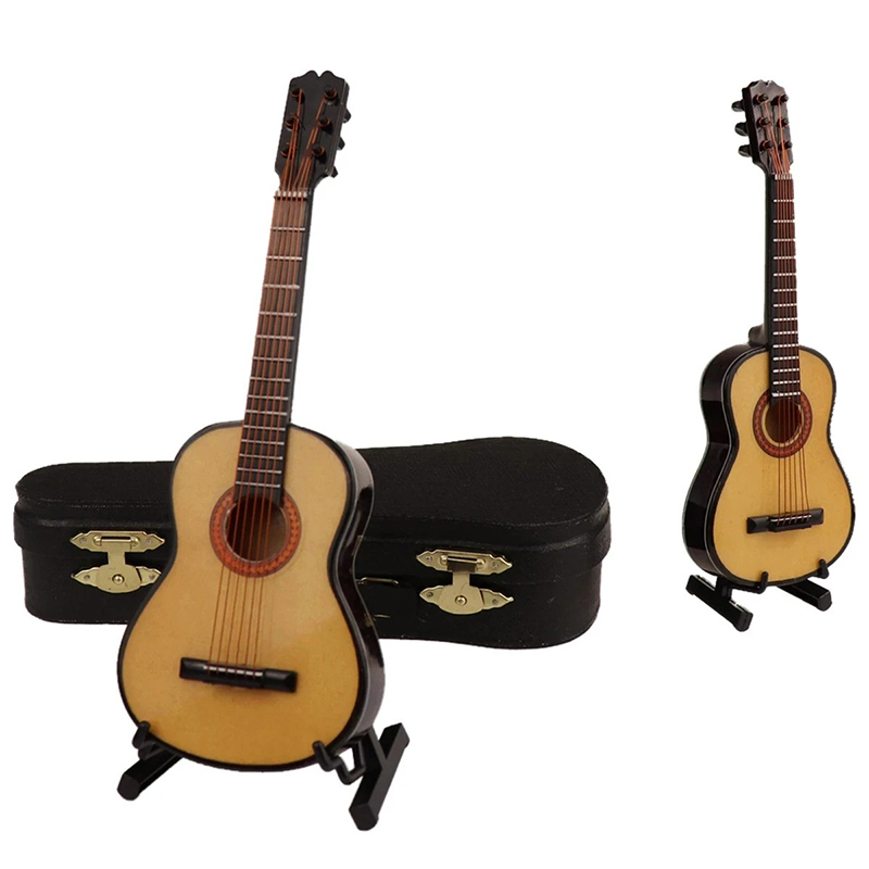 Vista completa della chitarra acustica in miniatura con custodia e supporto per chitarra - 3 dimensioni - 5 colori!