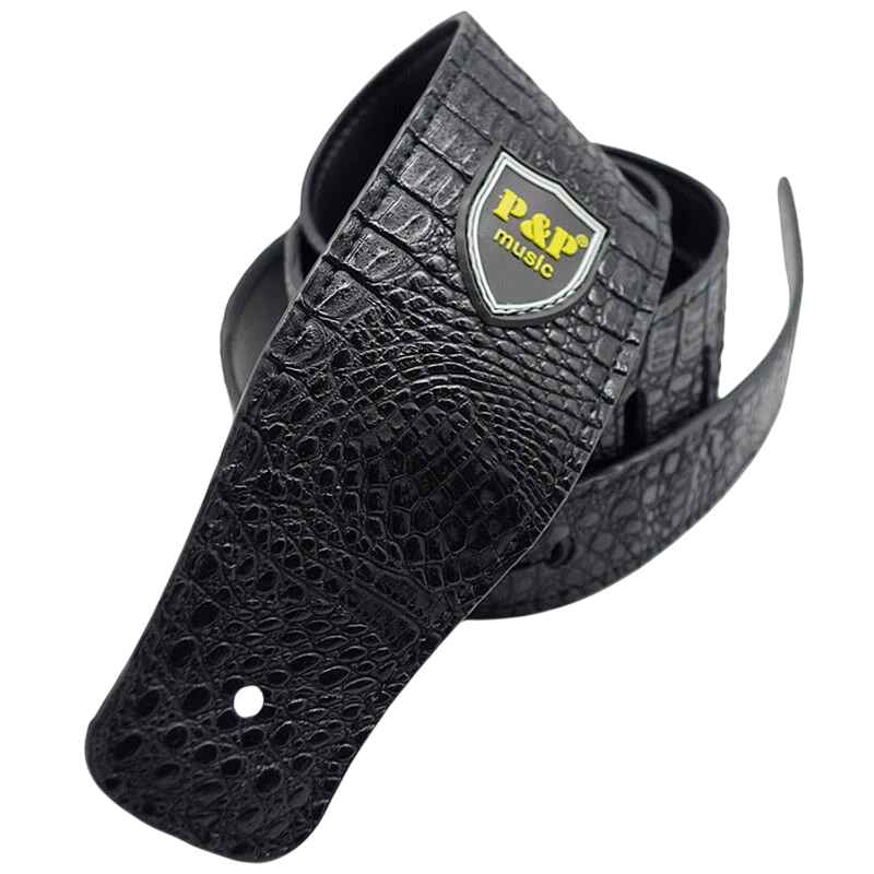 Correa de guitarra de cuero PU Prestige de color negro con diseño de cocodrilo