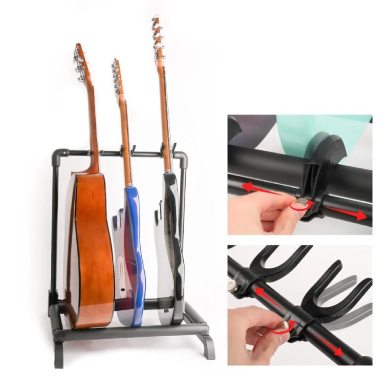 Détails Support Multi-Guitares Pliable - 3 Instruments Électriques et Acoustiques
