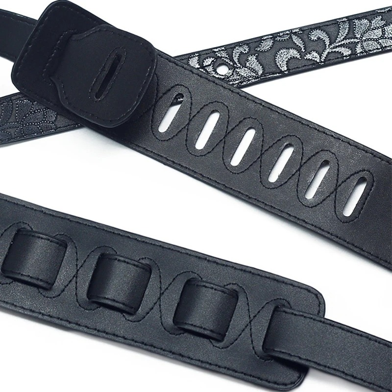 Dettagli della cinghia per chitarra in pelle PU Baroque Nero 'Eleganza Floreale