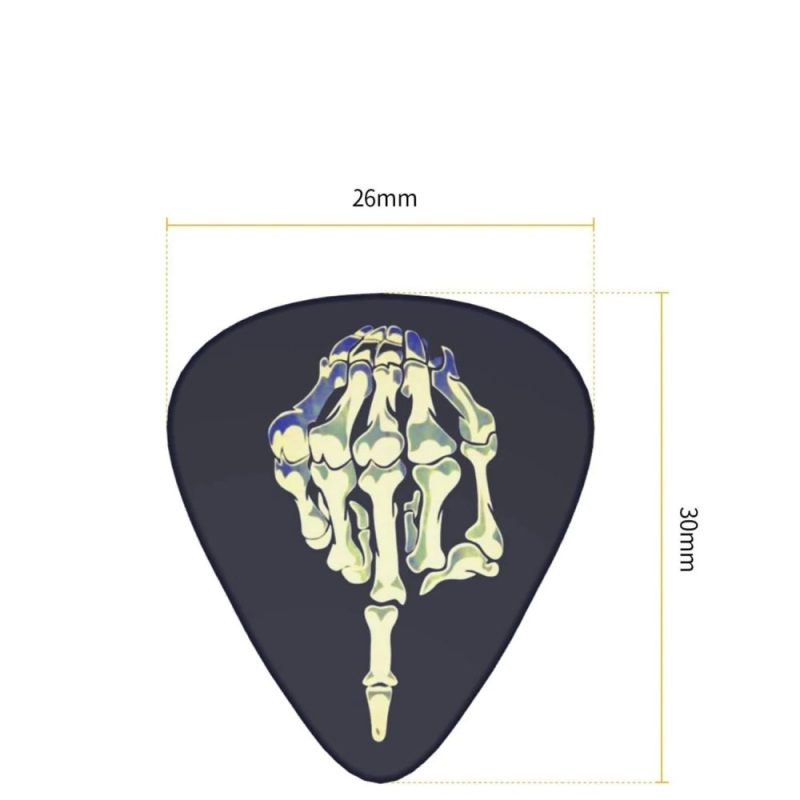 Dimensioni del Set di 12 Plettri per Chitarra 'Accordo Finale' a Forma di Scheletro che Mostra il Dito Medio