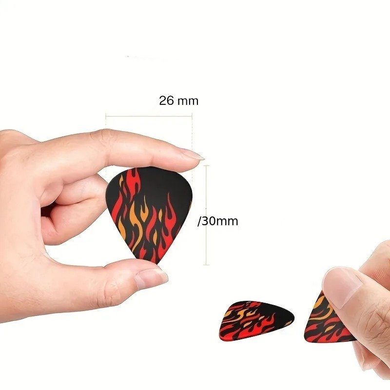 Dimensioni del set di 6 plettri Fiamma Ardente Brillante con custodia inclusa