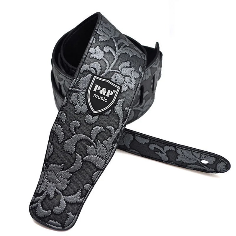 Cinghia per chitarra in pelle PU Baroque Nero 'Eleganza Floreale