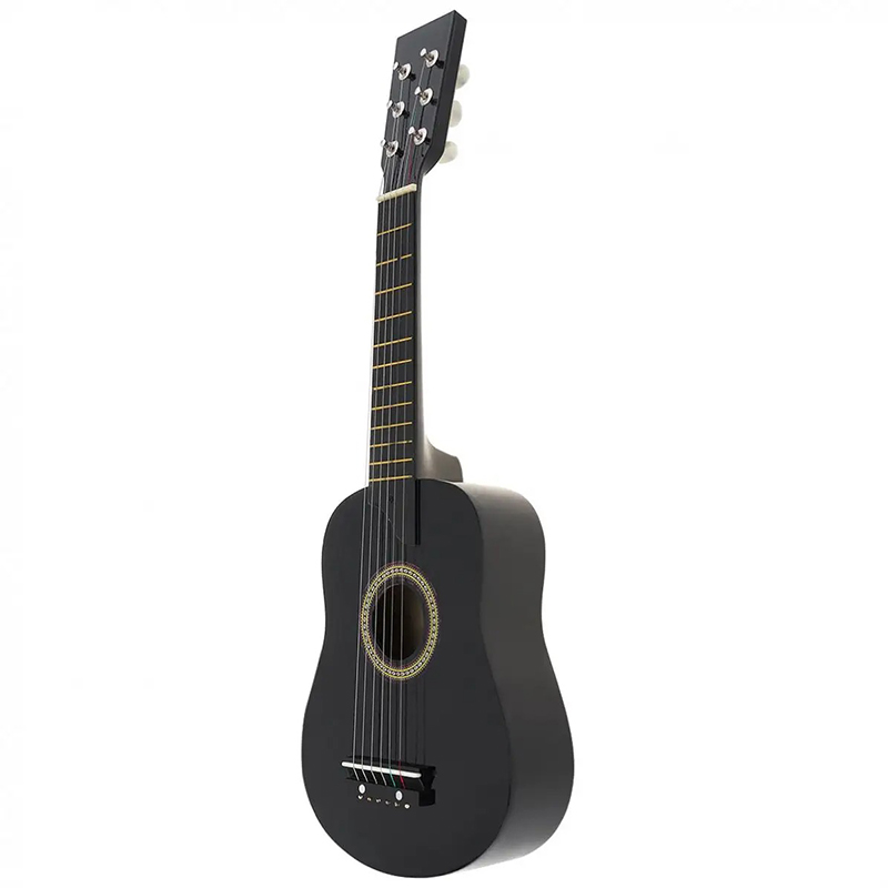 Vista laterale di una chitarra classica per bambini in legno di tiglio di colore nero