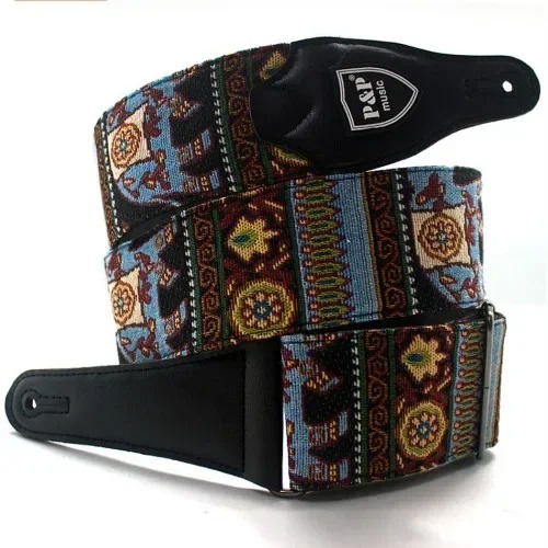 Tracolla per Chitarra Classica in Pelle e Cotone con Ricamo a Motivo Orientale Kilim Blu