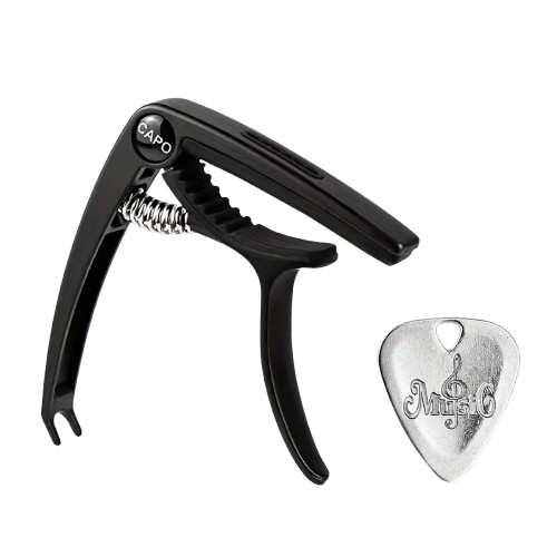 Capotasto Universale per Chitarra con Estrattore e Plettro Inciso - Modello Grip Preciso Colore Nero