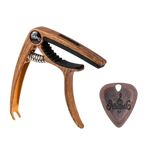 Capotasto Universale per Chitarra con Estrattore e Plettro Inciso - Modello Grip Preciso Colore Legno