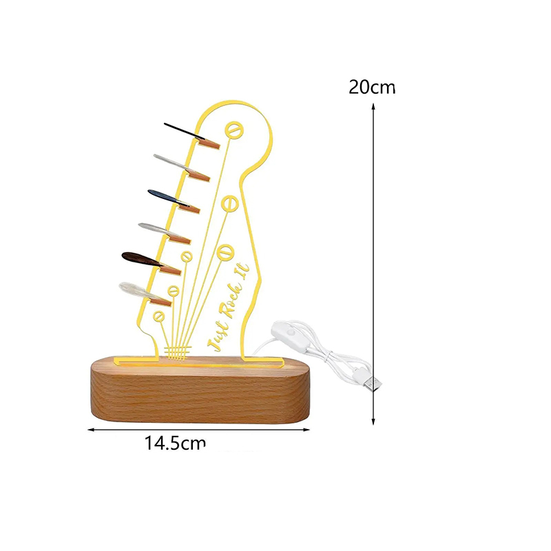 Dimensioni Luce Notturna LED Chitarra Just Rock It - Supporto Luminoso per Plettri con Base in Legno