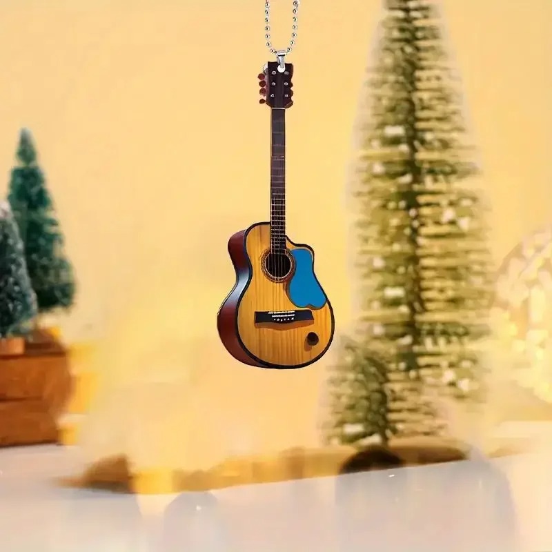 Portachiavi Chitarra Acustica Modello Vintage in Legno & Plettro Blu (8 cm)