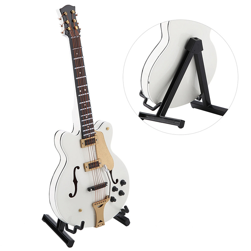 Dettagli Mini Chitarra Elettrica Hollow Bianca Modello da Collezione con Finiture Oro e Supporto