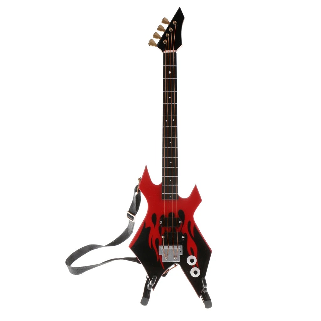 Magnifica Miniatura di Chitarra Elettrica Modello in Metallo Rosso Fiamme del Caos
