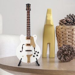 Mini - Chitarra Elettrica Hollow Bianca Modello da Collezione con Finiture Oro e Supporto