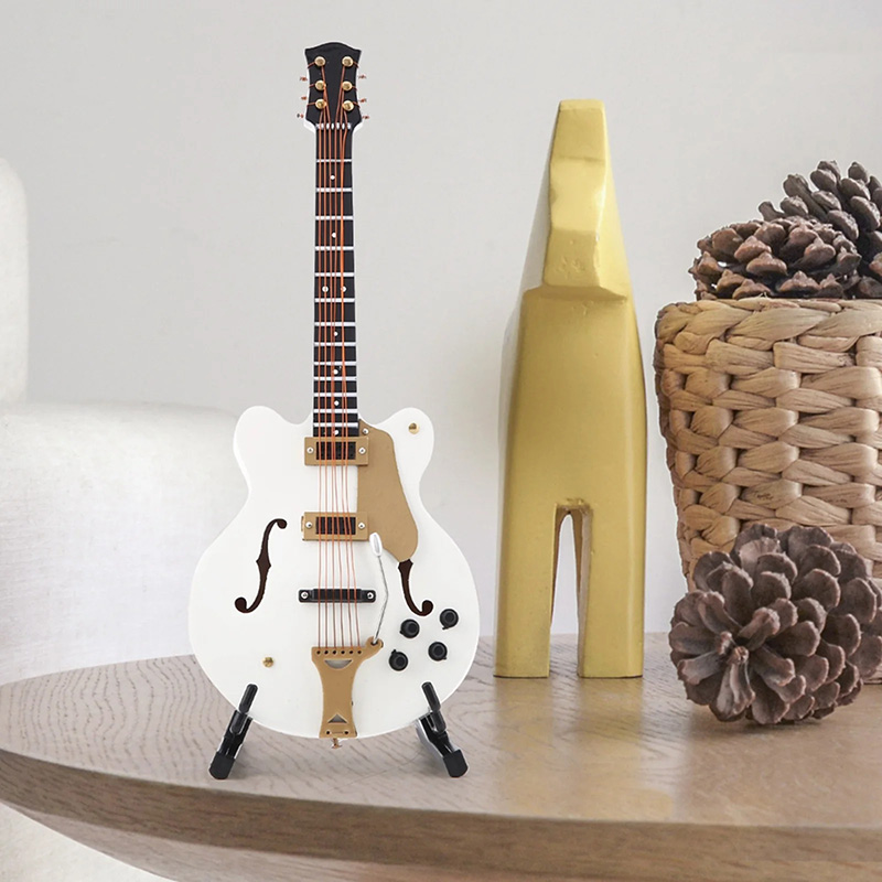 Mini - Chitarra Elettrica Hollow Bianca Modello da Collezione con Finiture Oro e Supporto