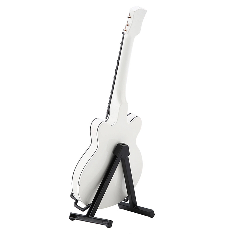 Vista Posteriore di Mini Chitarra Elettrica Hollow Bianca Modello da Collezione con Finiture Oro e Supporto