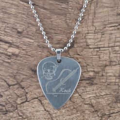Collier Médiator Rock Crâne & Guitare Gravés en Acier Inoxydable